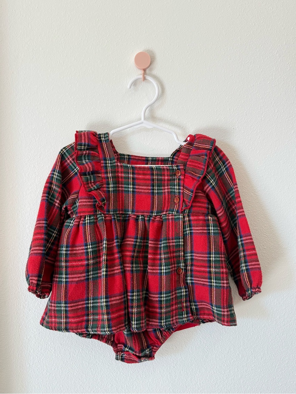 12M Baby Girl Long Sleeve Holiday Plaid 100% Cotton Bubble Romper Dress